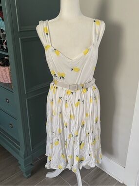 Modcloth White Midi Dress with Yellow Lemon Print and Cream Belt
